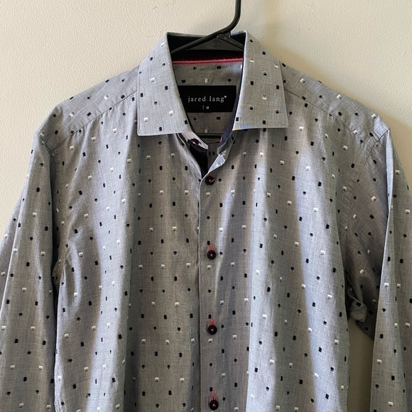 Jared Lang Gray Button Down With Black and White Rectangle Print Dress Shirt - Picture 6 of 11